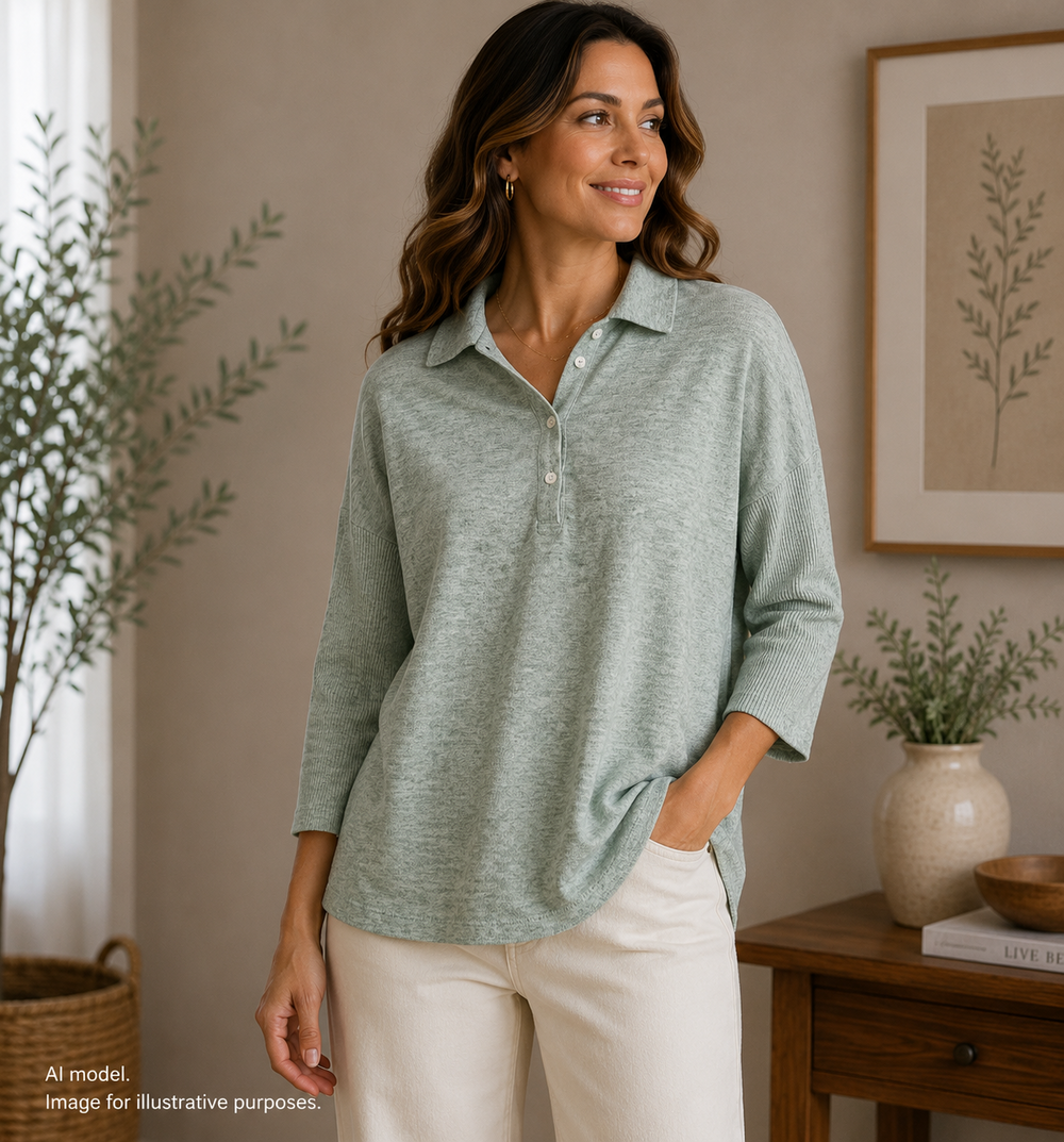 Tuckernuck Shirt Womens XS S Green Marbled Ribbed Sleeve Collared Button Neck